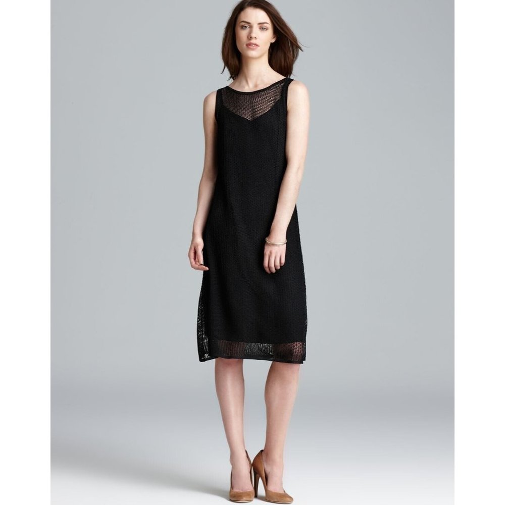 Eileen Fisher Black Sleeveless Midi Dress with Sheer Yoke